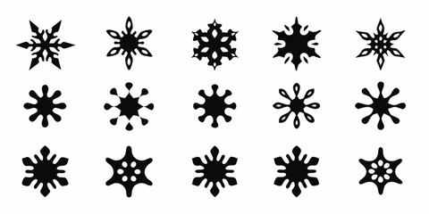 Collection of fifteen unique black snowflake icons and symbols on a white background