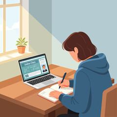 Student attending an online class on a laptop, taking notes in a notebook at a desk near a window.