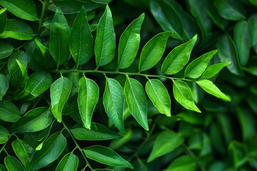 Obraz premium Top view of a cluster of curry leaves, detailed texture of the small pinnate leaflets, set against a natural green background.