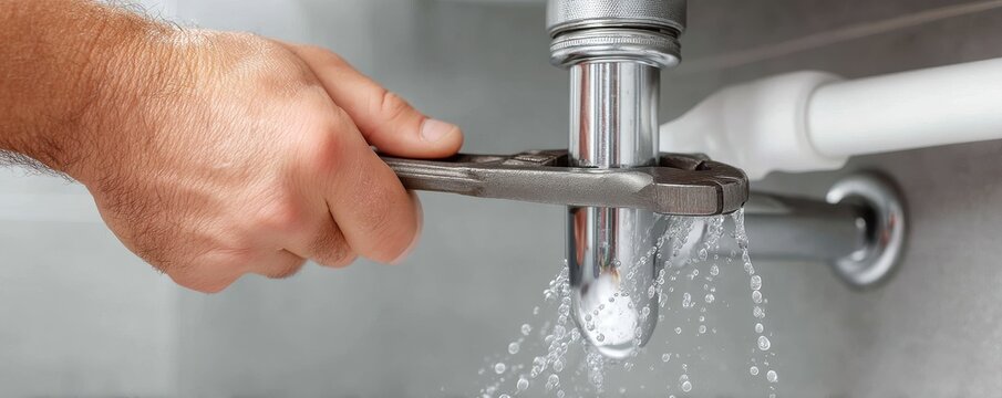 Plumber fixing a leaking pipe with a wrench in a home setup