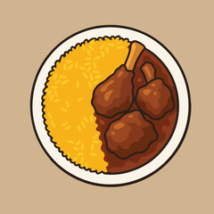 Traditional Sri Lankan Yellow Rice with Chicken Curry on White Plate 