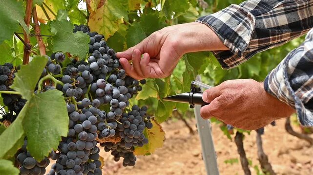 Cannonau grapes. The agronomist in the vineyard collects and squeezes the grapes on the refractometer to measure the sugar content. Traditional agriculture. Sardinia. Slow motion.