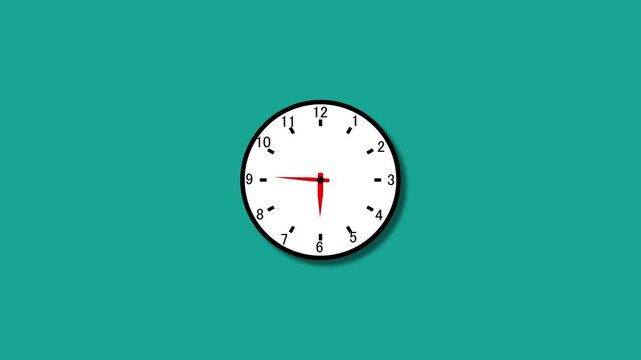 Analog Clock Face with Red Hands at 9:10 on Teal Background time dial
