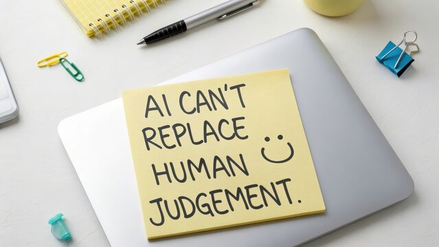 AI Can&rsquo;t Replace Human Judgment Quote on Sticky Note on Laptop
