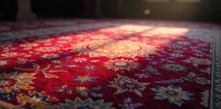 A richly colored, intricately patterned carpet, dramatically lit, suggesting a sacred or revered object; its texture and detail are emphasized for a luxurious feel ,  religious,  intricate