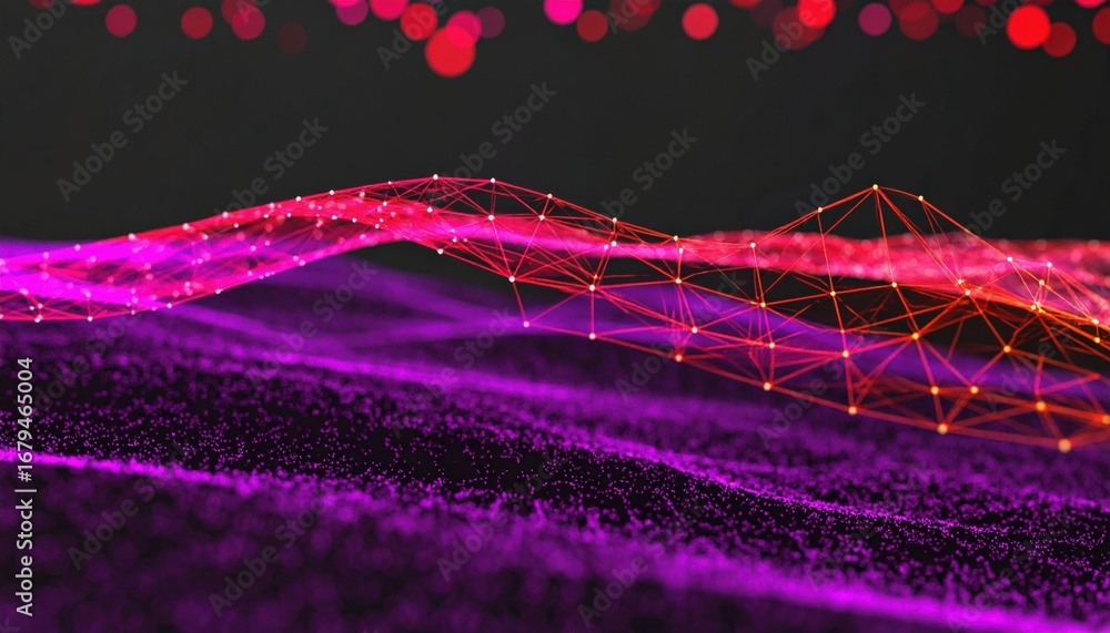 Poster an abstract representation of waves with vibrant purple and red connections, resembling a digital la