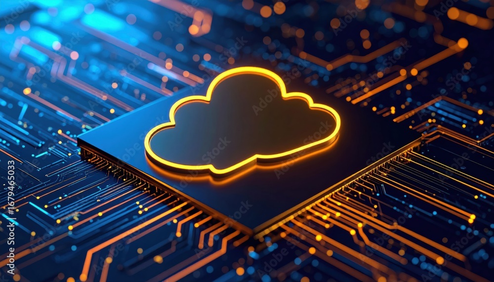 Poster a vibrant digital representation of a cloud symbol over a circuit board, symbolizing cloud computing