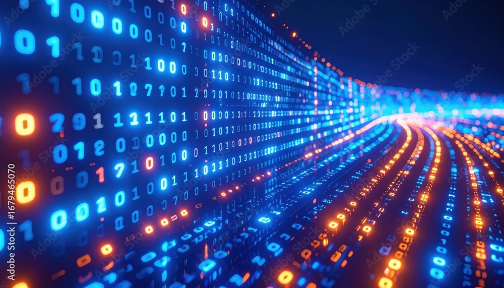 Aufkleber a vibrant display of binary code represented by glowing blue and orange digits on a dark background,