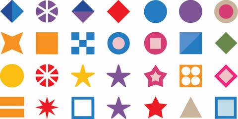 A vibrant collection of geometric shapes and abstract forms in a playful arrangement