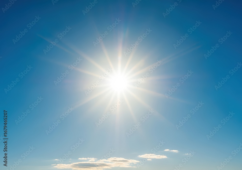 Wall mural bright sun shining in a clear blue sky with a hint of clouds. a scene of a sunny day, creating a sen