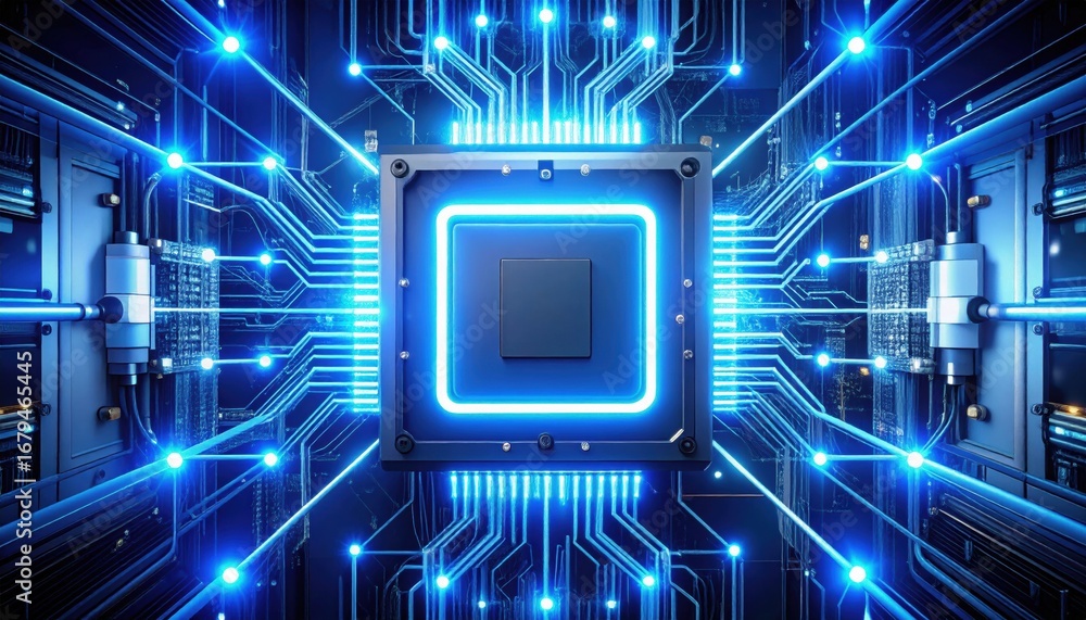 Poster a futuristic circuit board design featuring a central processor surrounded by glowing blue lines and