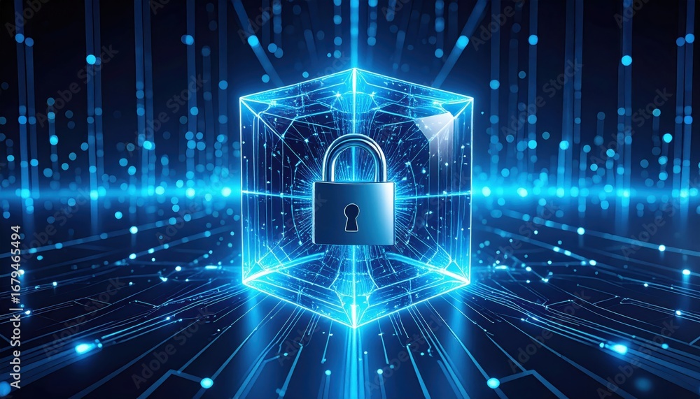 Poster a futuristic digital lock inside a glowing cube, symbolizing cybersecurity and data protection in a 