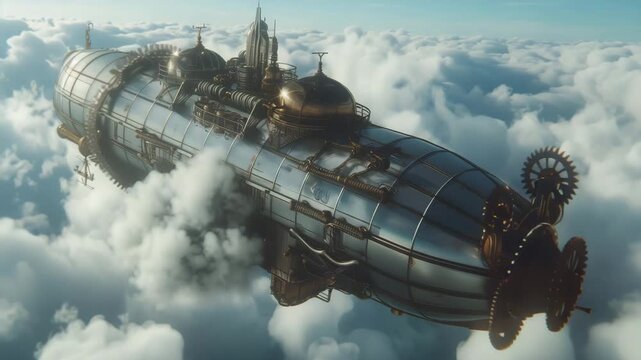 Steampunk Airship Adventure. Huge steampunk airship flying above clouds with sunbeams with rotating gears and propellers, cinematic fantasy.