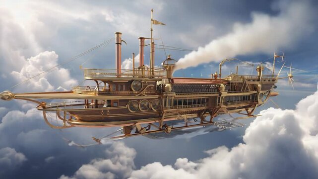 Steampunk Airship Adventure. Huge steampunk airship flying above clouds with sunbeams with rotating gears and propellers, cinematic fantasy.