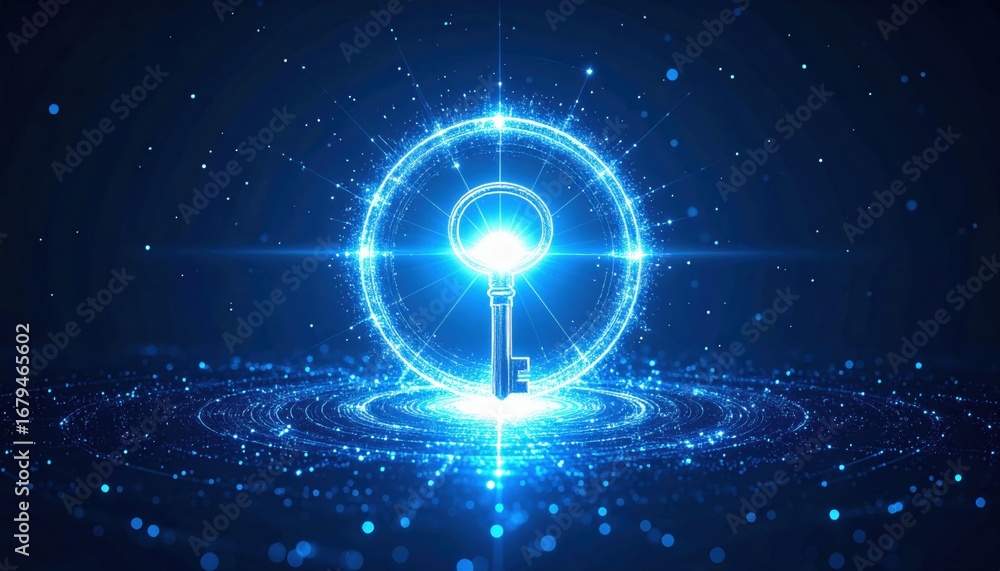 Poster a glowing blue key surrounded by circular light patterns against a dark background, symbolizing acce