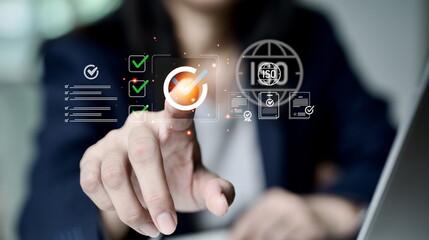 Business professional touching virtual checklist icon with ISO certification symbols, representing quality assurance, compliance, business standards, and management system for corporate excellence.