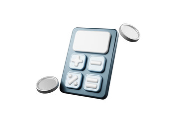 3D rendering of calculator and coins floating in mid-air future finance concept.