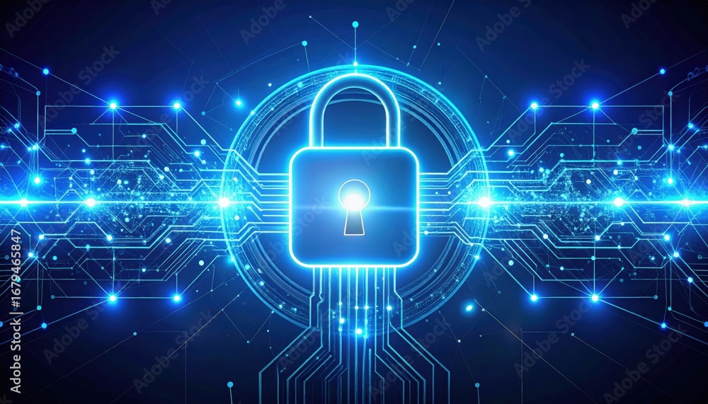 Poster a digital lock symbol surrounded by glowing circuitry, representing cybersecurity and data protectio