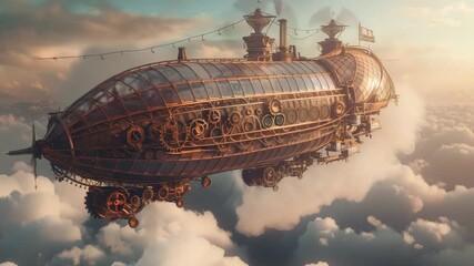 Steampunk Airship Adventure. Huge steampunk airship flying above clouds with sunbeams with rotating gears and propellers, cinematic fantasy.