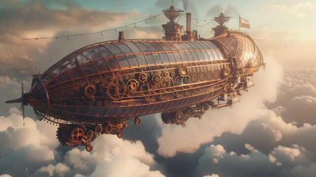 Steampunk Airship Adventure. Huge steampunk airship flying above clouds with sunbeams with rotating gears and propellers, cinematic fantasy.