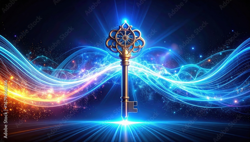 Poster a mystical key illuminated by vibrant waves of light, symbolizing access to secrets or new realms.