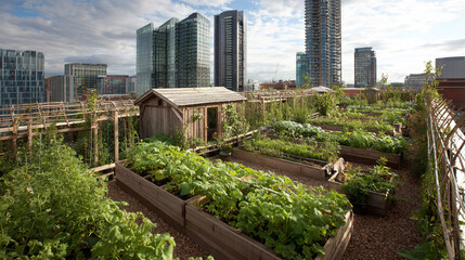 Fototapeta premium Rooftop garden with wooden shed and city skyscrapers