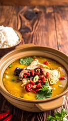 A hearty bowl of chicken soup, vibrant with warm spices and garnished with fresh herbs, sits on a rustic wooden surface.