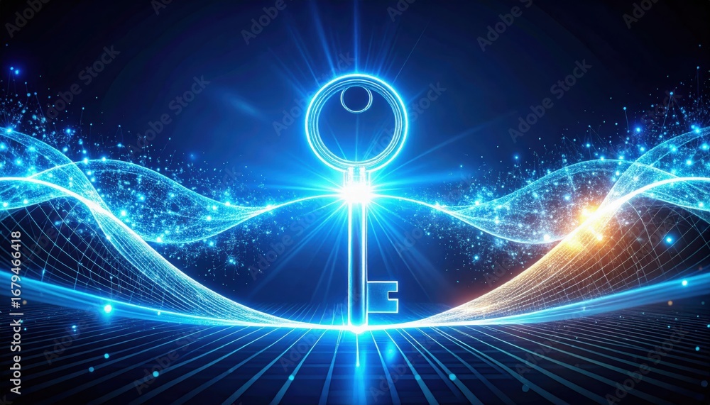 Poster a digital representation of a glowing key surrounded by vibrant waves of light and energy, conveying