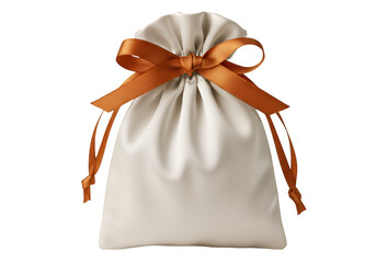 Elegant beige drawstring pouch with brown ribbon isolated on transparent background