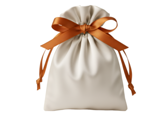 Elegant beige drawstring pouch with brown ribbon isolated on transparent background