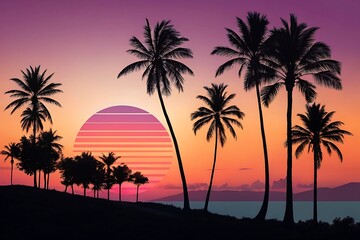 Obraz premium Silhouetted palm trees stand tall against a retrostyle sunset, blending tropical vibes with a nostalgic aesthetic