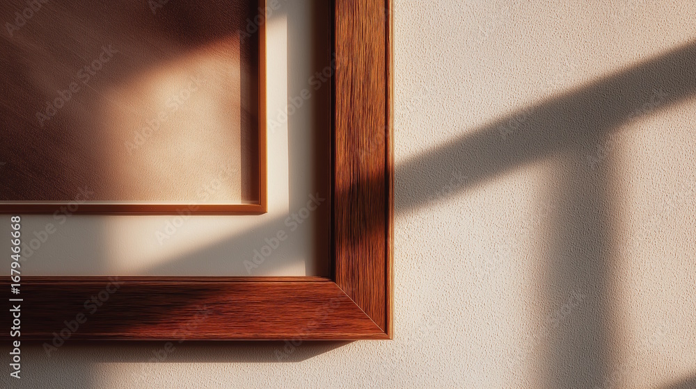 Poster wooden picture frames casting shadows on a textured wall, creating a warm and inviting atmosphere, p