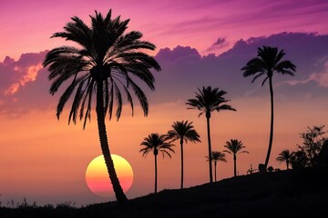 Palm trees are silhouetted against a vibrant sunset sky, creating a tropical paradise scene with warm colors and dreamy clouds