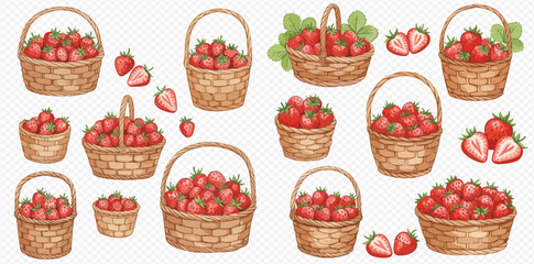 A charming watercolor collection of wicker baskets brimming with ripe red strawberries, both whole and sliced.