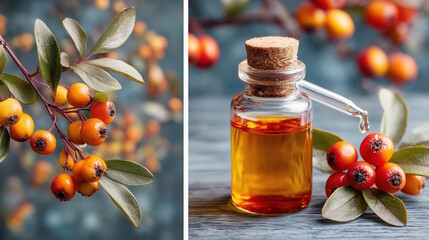 Vibrant orange berries on branches with green leaves beside a glass bottle filled with golden liquid, showcasing natural beauty and herbal essence in a serene setting