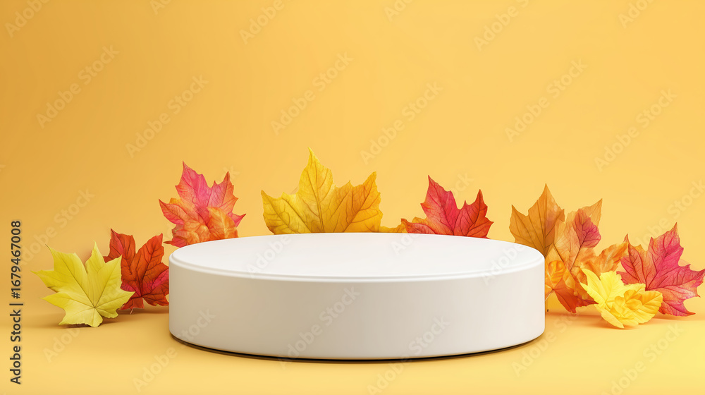 Poster round white display platform surrounded by vibrant autumn leaves on a bright yellow background, crea