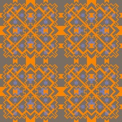 Seamless Geometric Tribal Pattern with Orange and Purple Elements on Brown Background