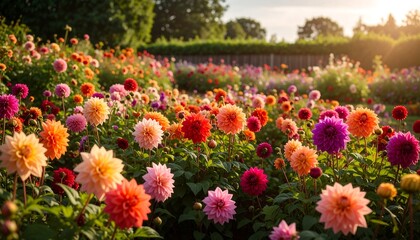 Fototapeta premium Vibrant dahlia garden in sunlight. Lush colorful dahlia flowers in various shades of orange, pink, red, and purple. Sunlit garden beds with healthy foliage. Soft focus background