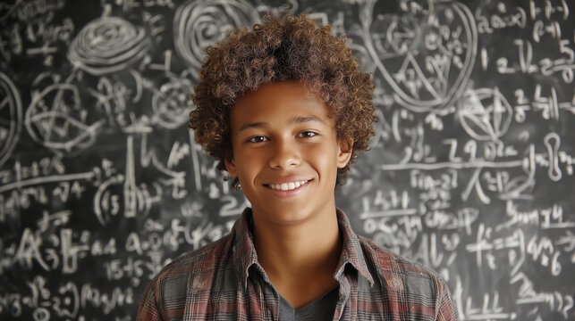 Young african american boy with curly hair smiles confidently in front of a chalkboard filled with mathematical equations and scientific symbols, showcasing a learning environment - Powered by Adobe