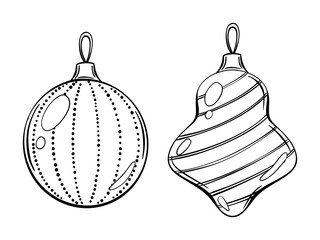 Two festive Christmas toys in black and white line art style, perfect for coloring pages, holiday designs, or decorative elements.