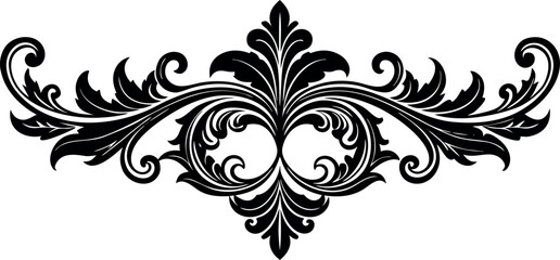 Vector art of symmetrical black floral ornament with swirling leaves and curls