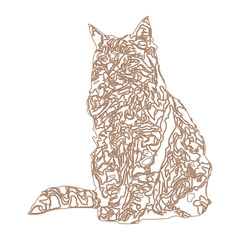 PrintOne line drawing. Cat sitting with curled tail color background