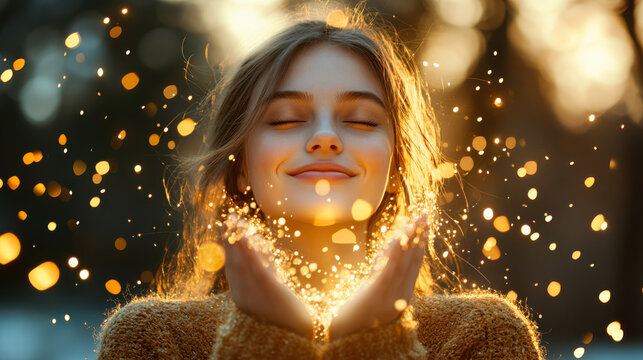 Abstract depiction of joy as a radiant golden explosion of light particles. Ethereal and dynamic atmosphere