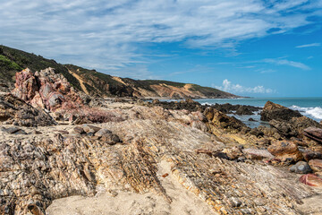 Trail along the coast and beaches from Jericoacoara to Pedra Furada in Ceara State, Brazil.