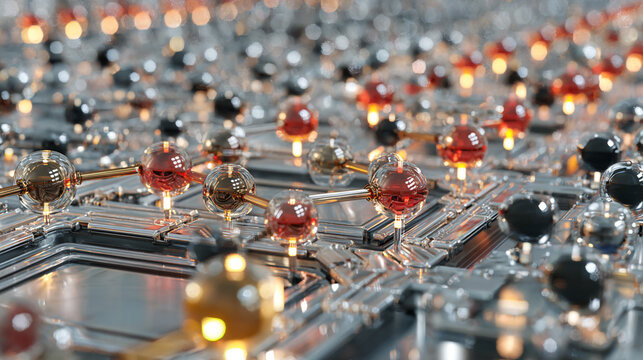 Close-up of molecular structure with red and black spheres - Powered by Adobe