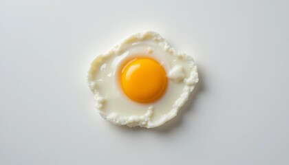A single fried egg with a bright yellow yolk on a plain white background in a centered composition