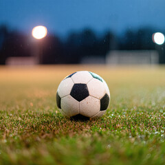 A close-up of a soccer ball resting on wet grass at night, illuminated by distant stadium lights, conveying a sense of calm and anticipation.