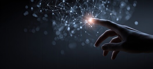 A hand interacts with a network of digital connections