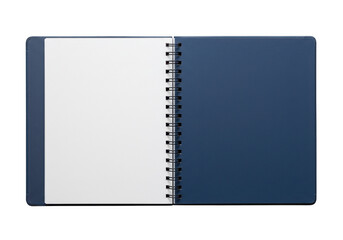 Open spiral bound notebook with white paper and dark blue cover page transparent background