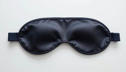 A close up shot of a dark blue satin sleep mask with elastic straps on a white background surface